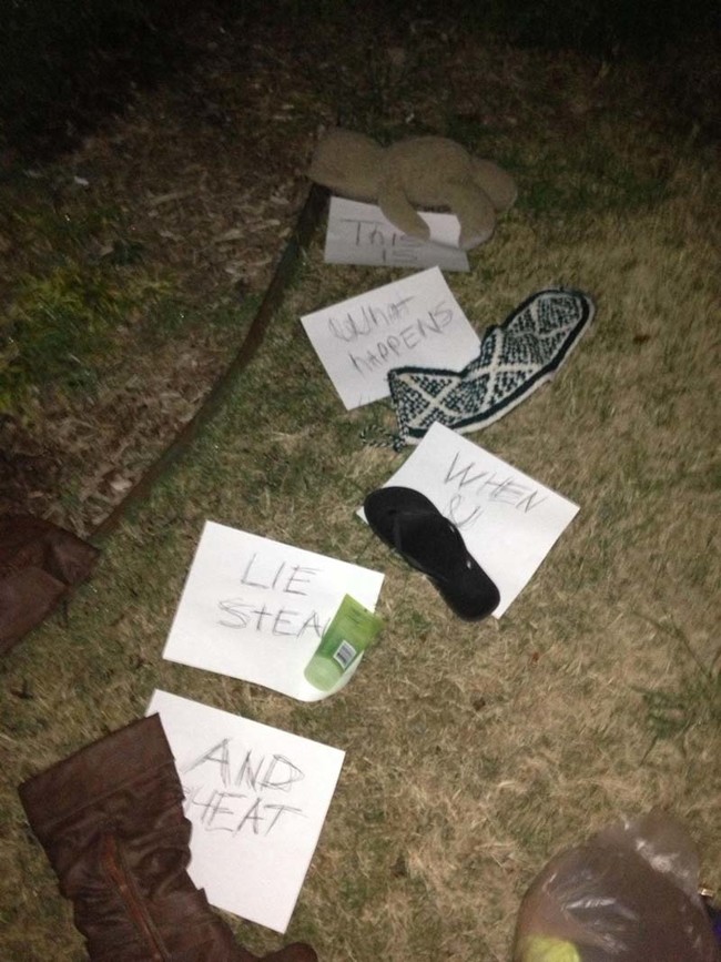 At least she put his stuff out on the lawn AND left an explanation.